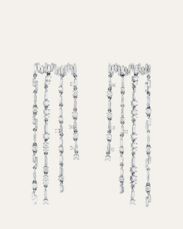 18K White Gold Fringe Earrings with Diamond Rounds and Baguettes